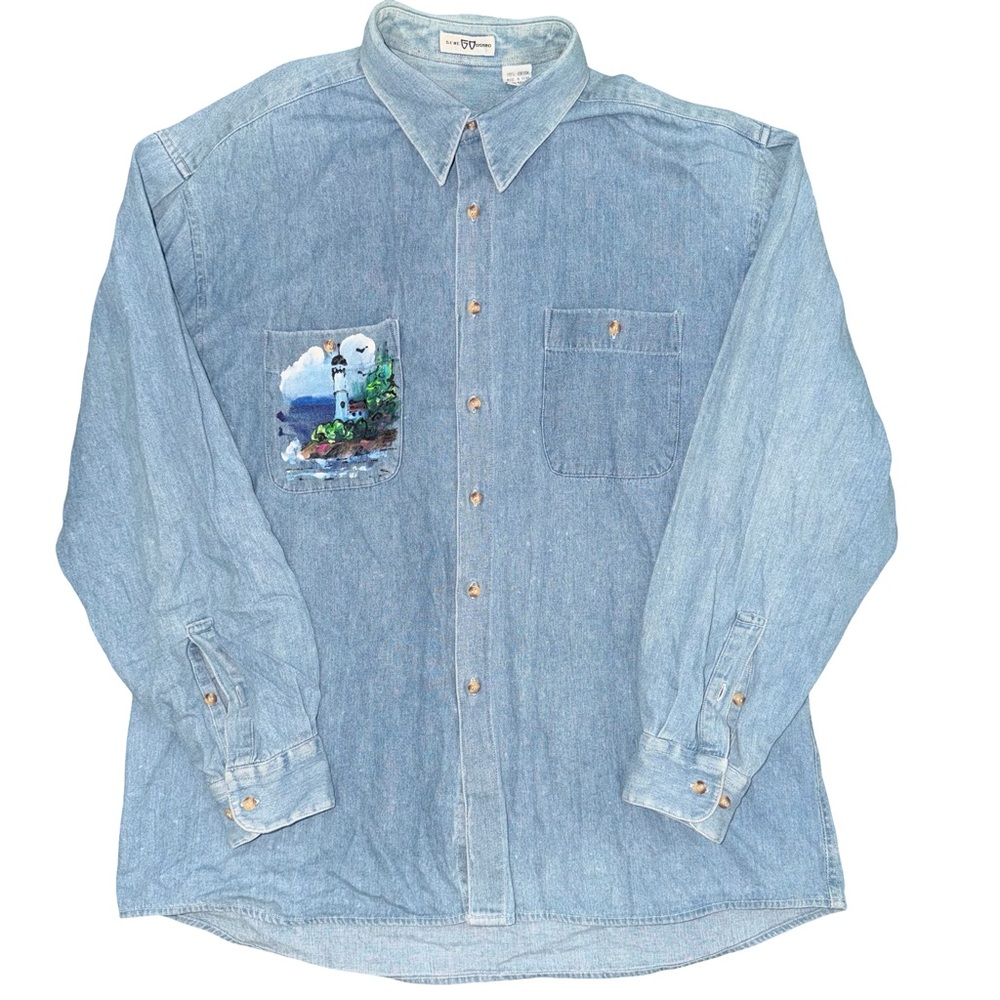 Vintage hand‎ painted lighthouse denim button up. L - Picture 2 of 5